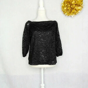 Ann Taylor Womens Dressy Lace Blouse Black Long Sleeve Boat Neck Lined S